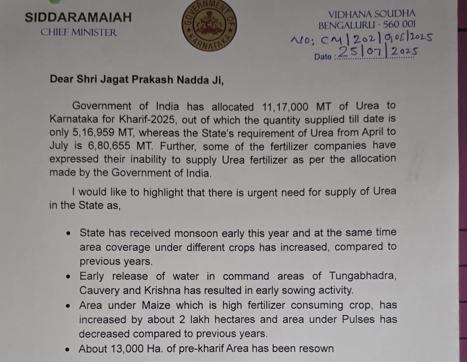 Letter written by Chief Minister Siddaramaiah